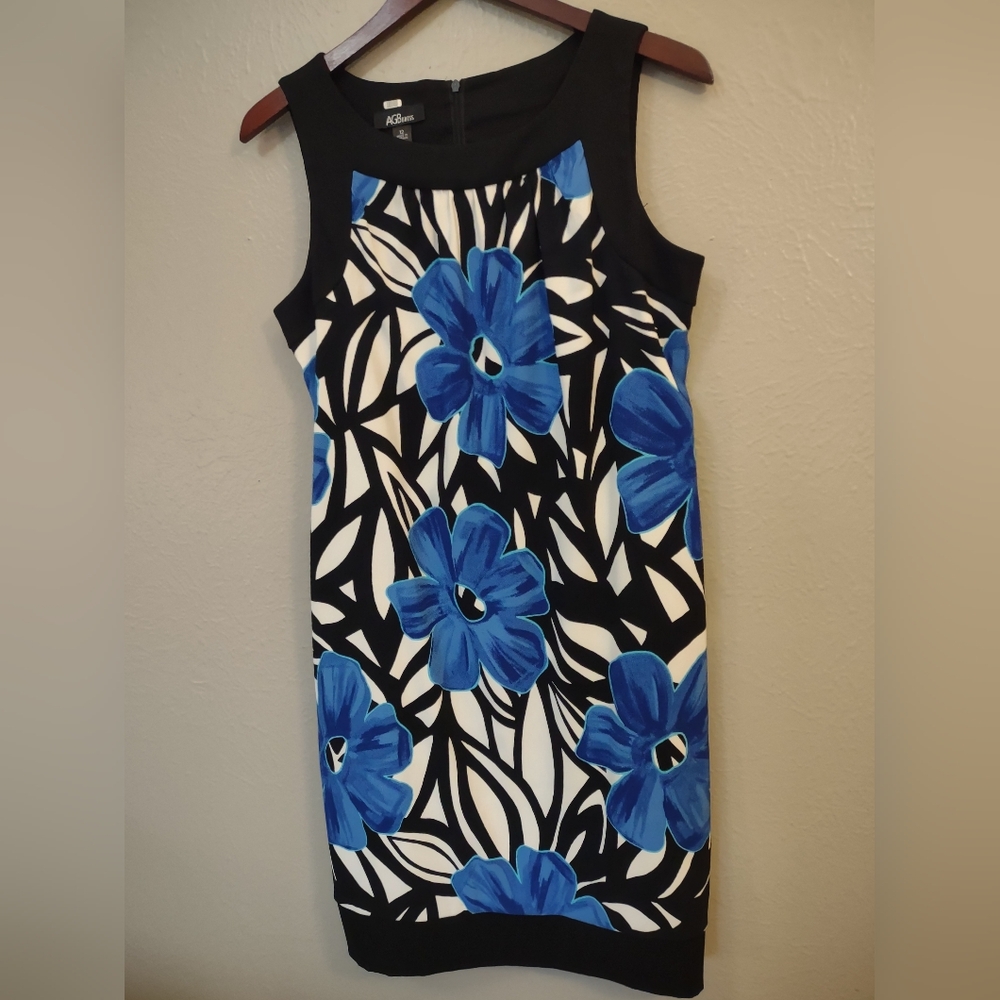 AGB Dress Black & White Blue Floral Sheath Dress Size 12 - Picture 2 of 15